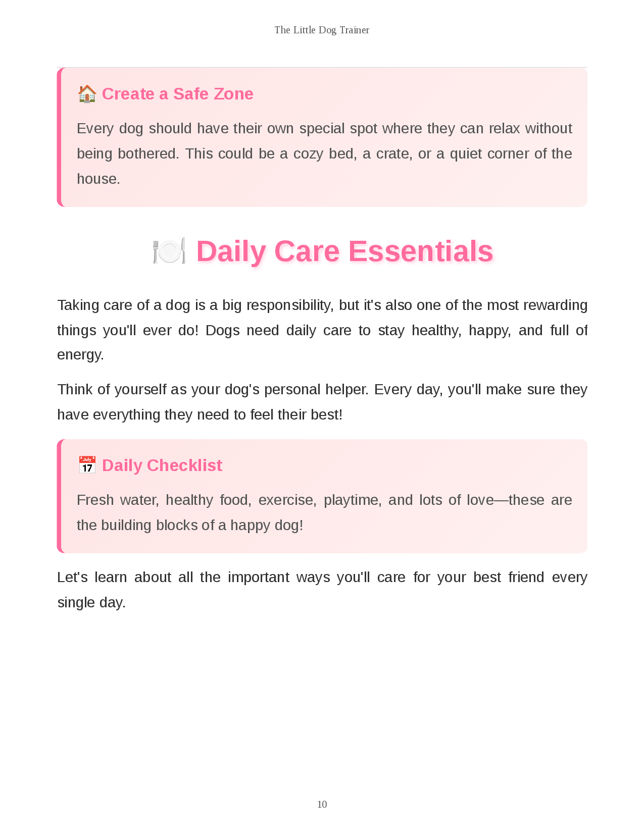 Inside page of The Little Dog Trainer printable guide for kids