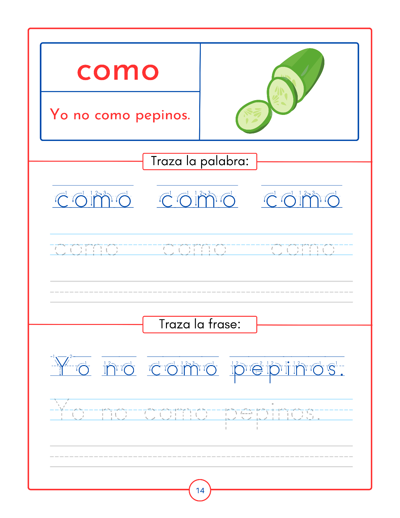 Inside page of the printable Spanish sight words workbook for kids